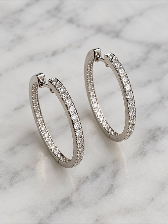 Jewelry - 14K White Gold 1” Diamond Hoop Earrings, 7.5G, snap back closure